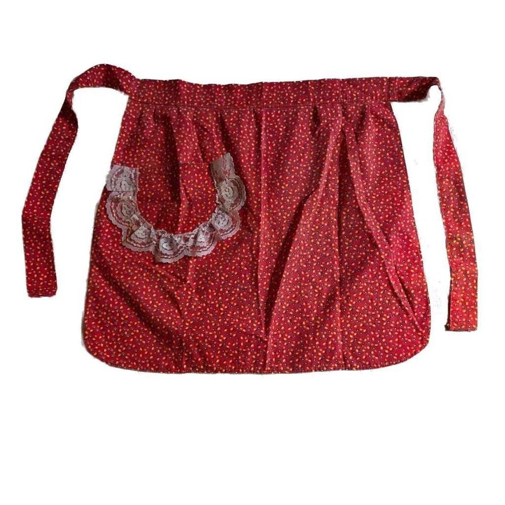Vintage Red Floral Half Apron with Lace Ruffle Pocket‎